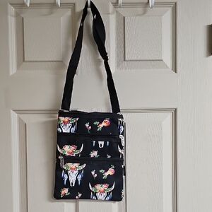 Floral Skull Print Black Crossbody Bag